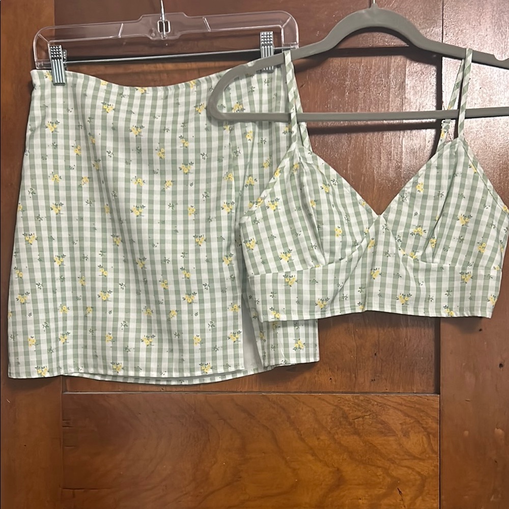 Green Checkered Skirt with Yellow Floral Accents